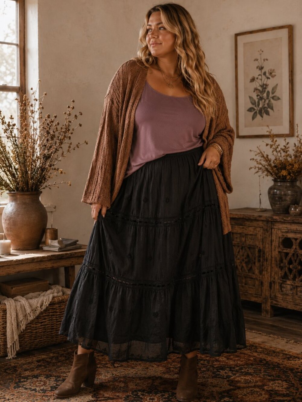 Black Cotton Boho Embroidered Maxi Skirt